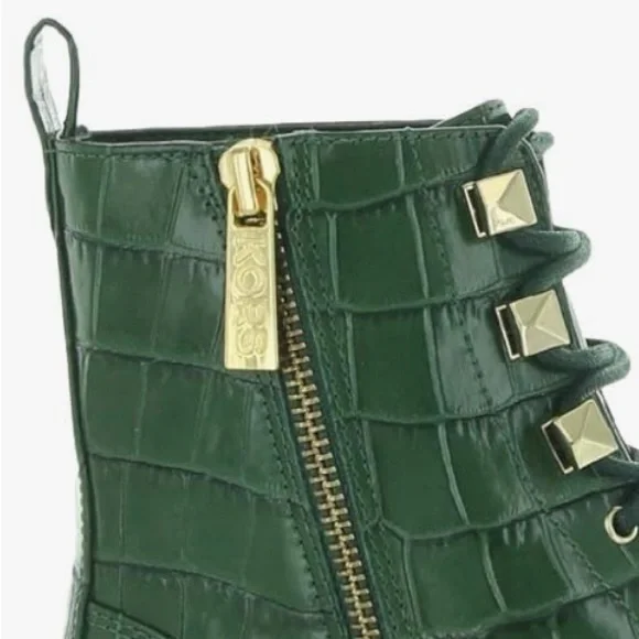 Michael Kors Embossed Croc Patent Leather Haskell Bootie Moss Green Combat Boot - Picture 5 of 11